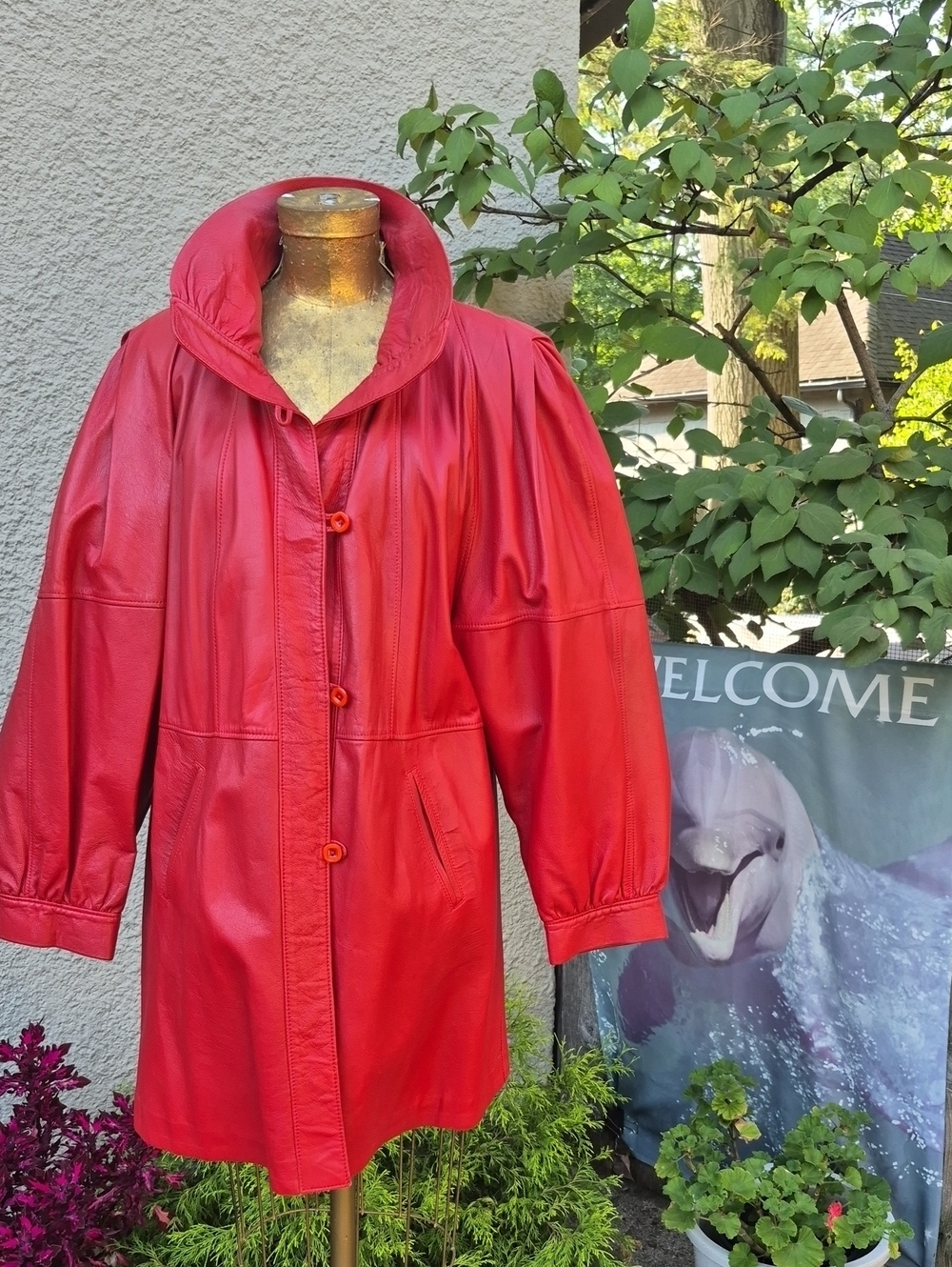 Red Women's Leather Coat - Classic Button Front